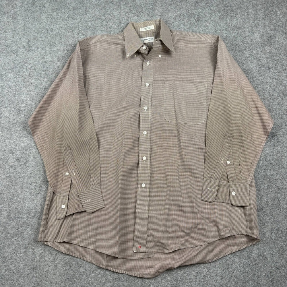 80s Hathaway Button Down‎ Shirt Mens 16.5-33 Brown Houndstooth Wrinkle Free Prep